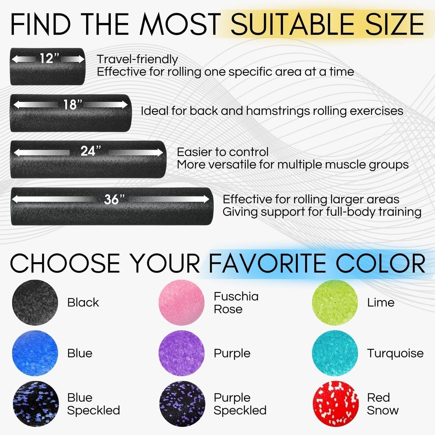 High-Density round Back Roller Foam, Exercise Foam Roller for Yoga, Pilates & Stretching - 12, 18, 24, 36 Inch