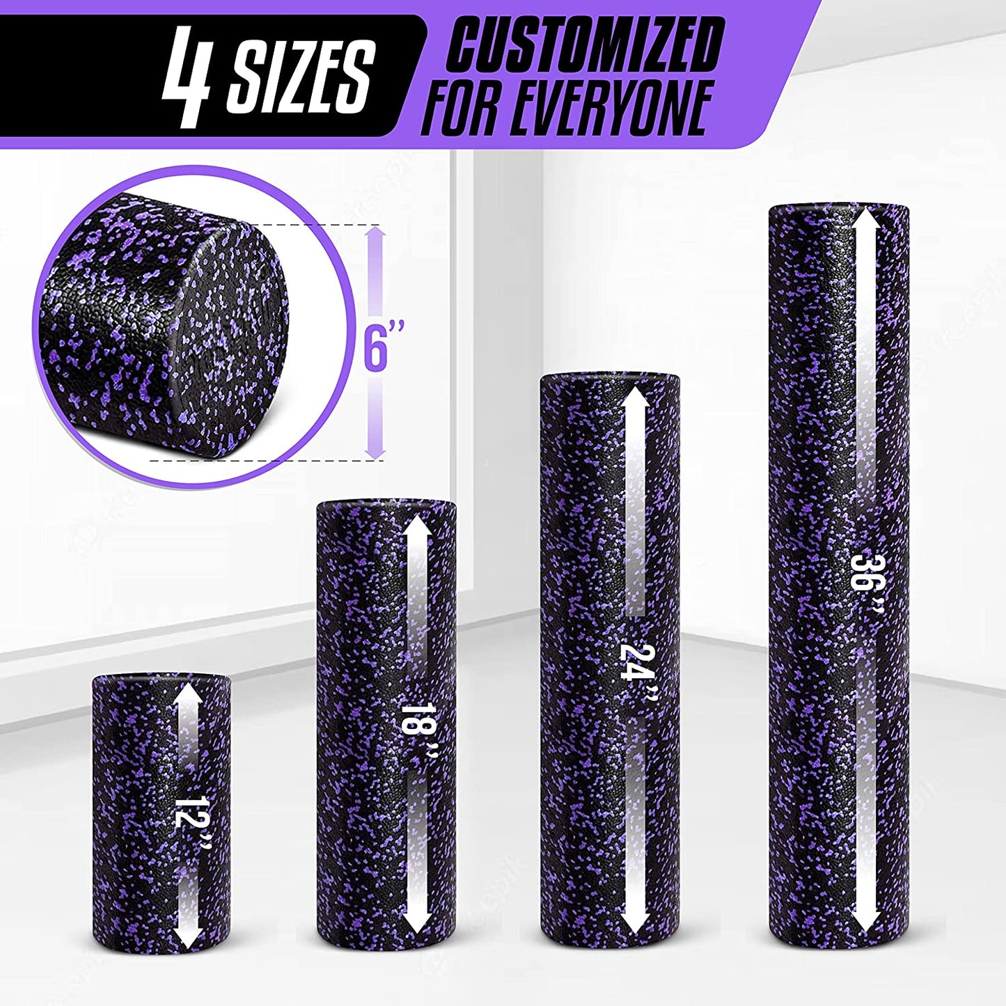 High-Density round Back Roller Foam, Exercise Foam Roller for Yoga, Pilates & Stretching - 12, 18, 24, 36 Inch