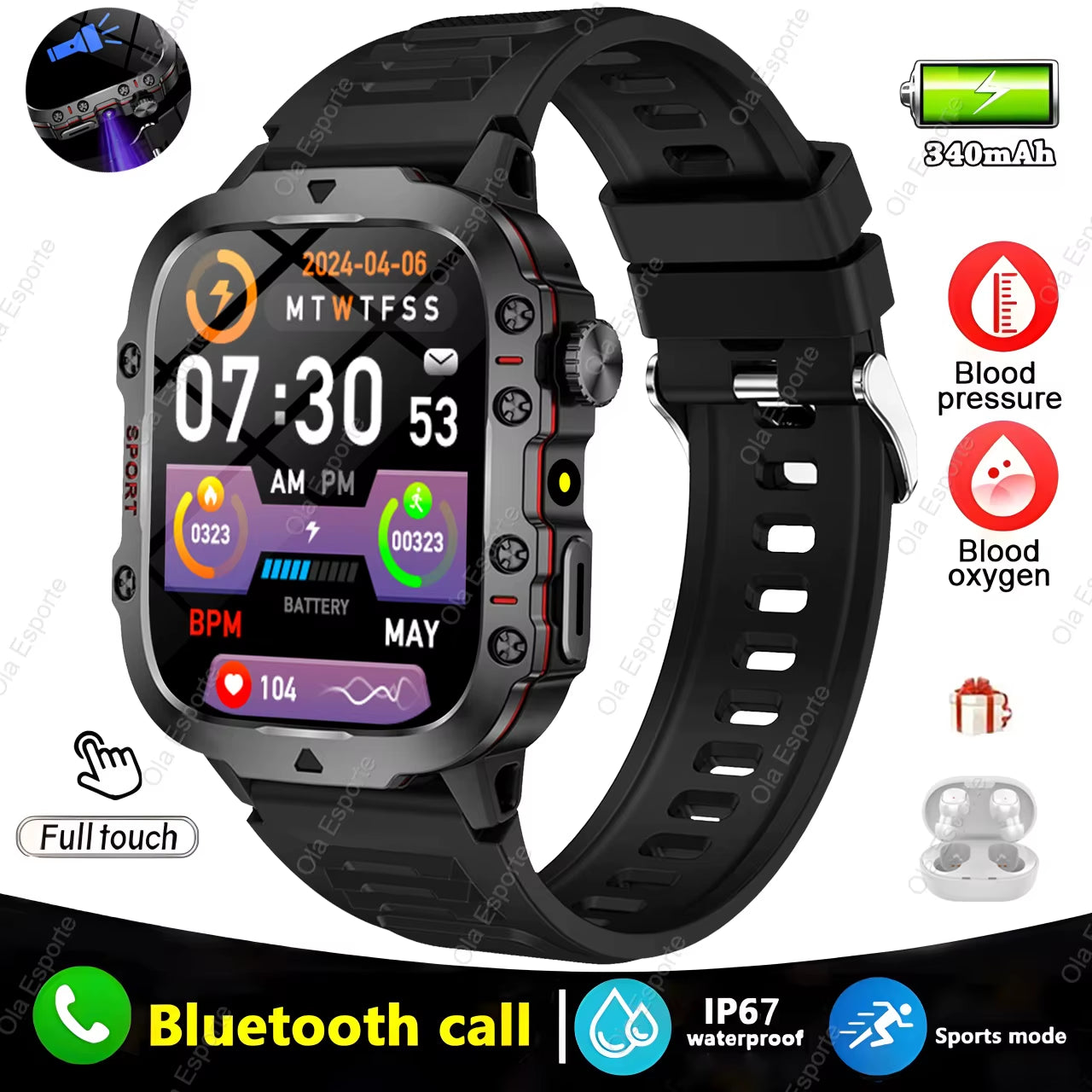 Original Men Smartwatch Flashlight Bluetooth Call Fitness Clock IP68 Waterproof Sports Men for Xiaomi Android Smart Watch 2024